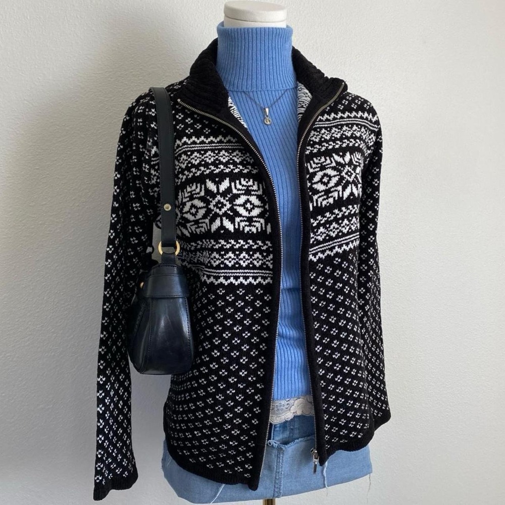 Vintage Y2K Style & Co Geometric Winter Zip Up Cardigan Sweater Black White